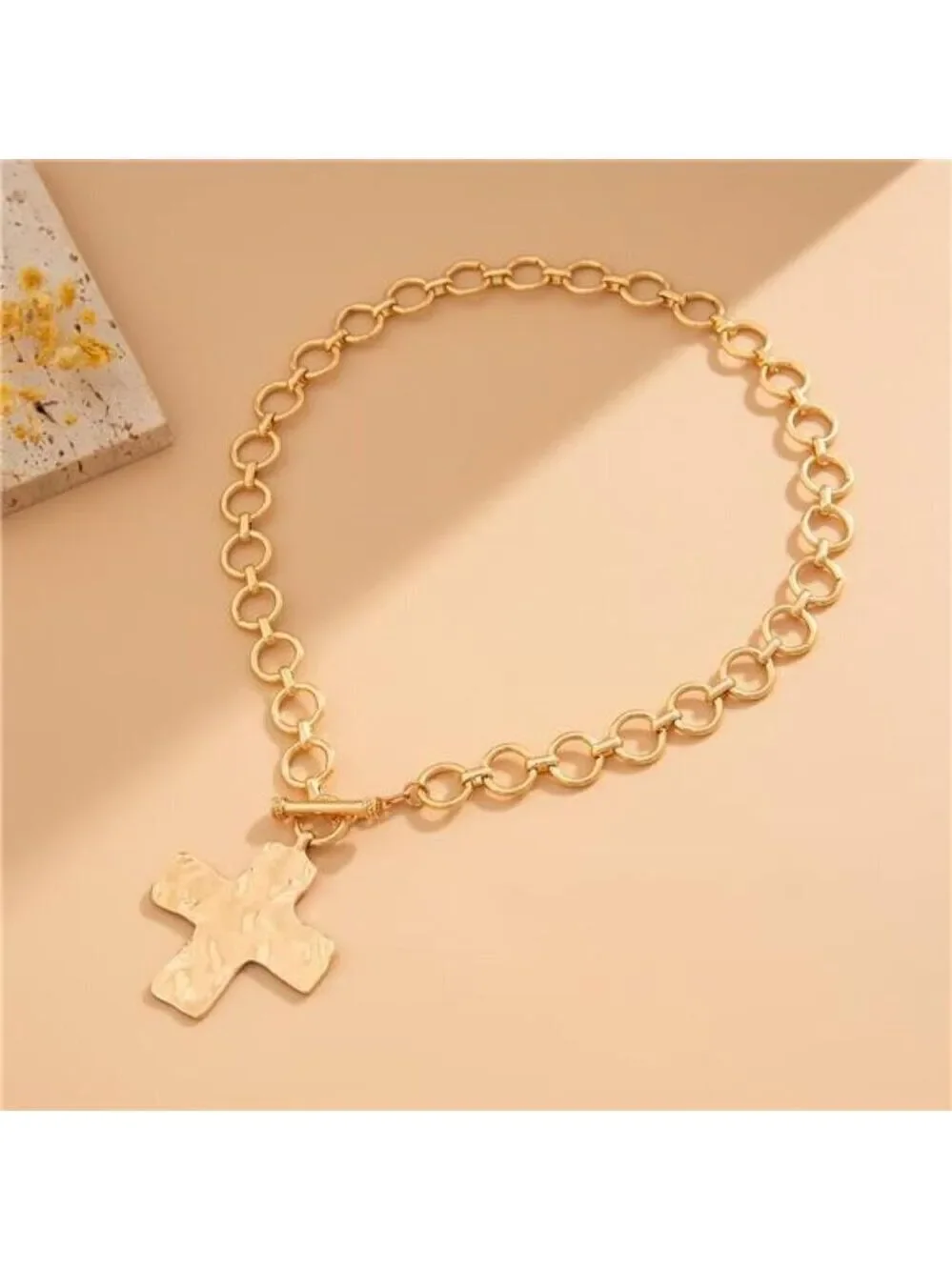 Chunky Necklace Cross Necklace Hammered Women Large Statement
